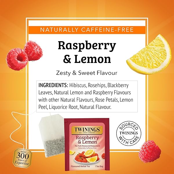 TWININGS RASPBERRY & LEMON HERBAL TEA INDIVIDUALLY WRAPPED BAGS, 20 COUNT (PACK OF 1), UNSWEETENED, REFRESHING & FRUITY, NATURALLY CAFFEINE-FREE, ENJOY HOT OR ICED, 20 TEABAGS