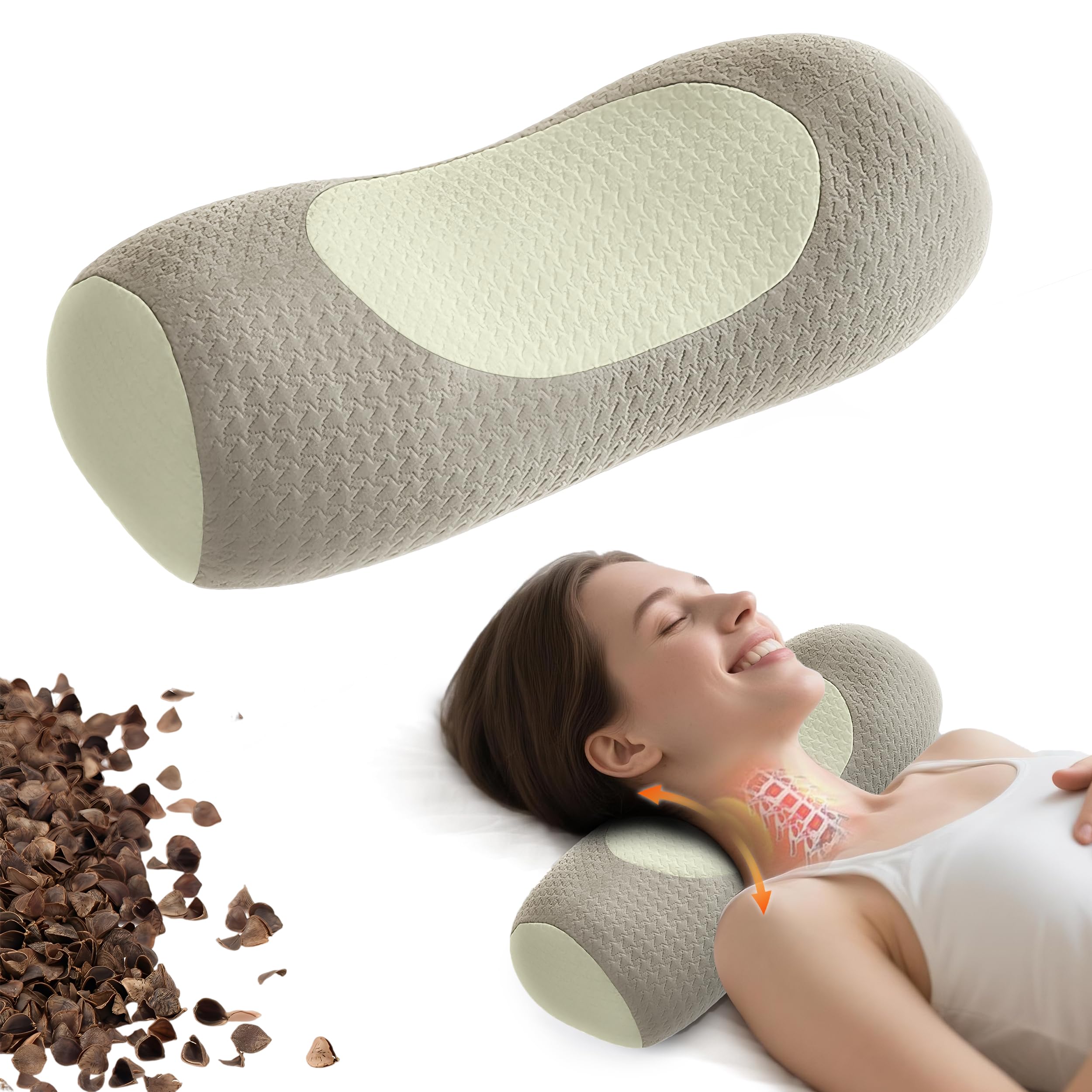 Photo 1 of Qirelle Organic Buckwheat Cervical Neck Pillow – Adjustable Neck Roll for Sleeping, Ergonomic Neck Support Bolster for Side & Back Sleepers, Pillow for Neck Pain Relief and Spine Alignment