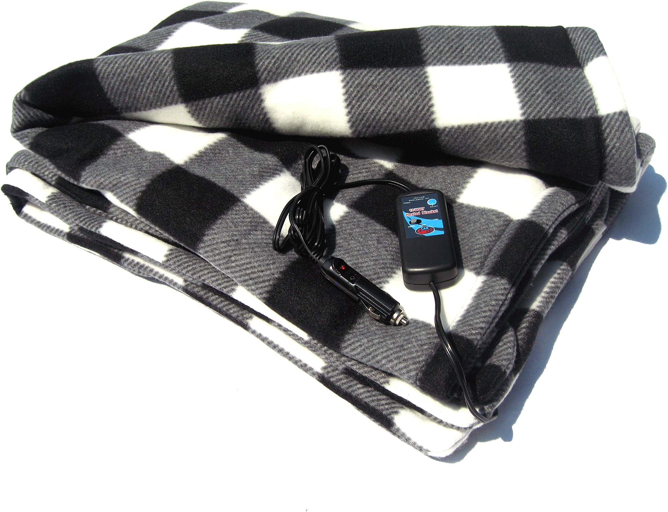 Car Cozy 2 - Heated Travel Blanket (Black and White Plaid, 58" x 42")