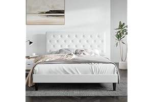 SHA CERLIN Full Size Bed Frame with Button Tufted Headboard, Faux Leather Upholstered Mattress Foundation, Platform Bed Frame, Wooden Slat Support, No Box Spring Needed, White