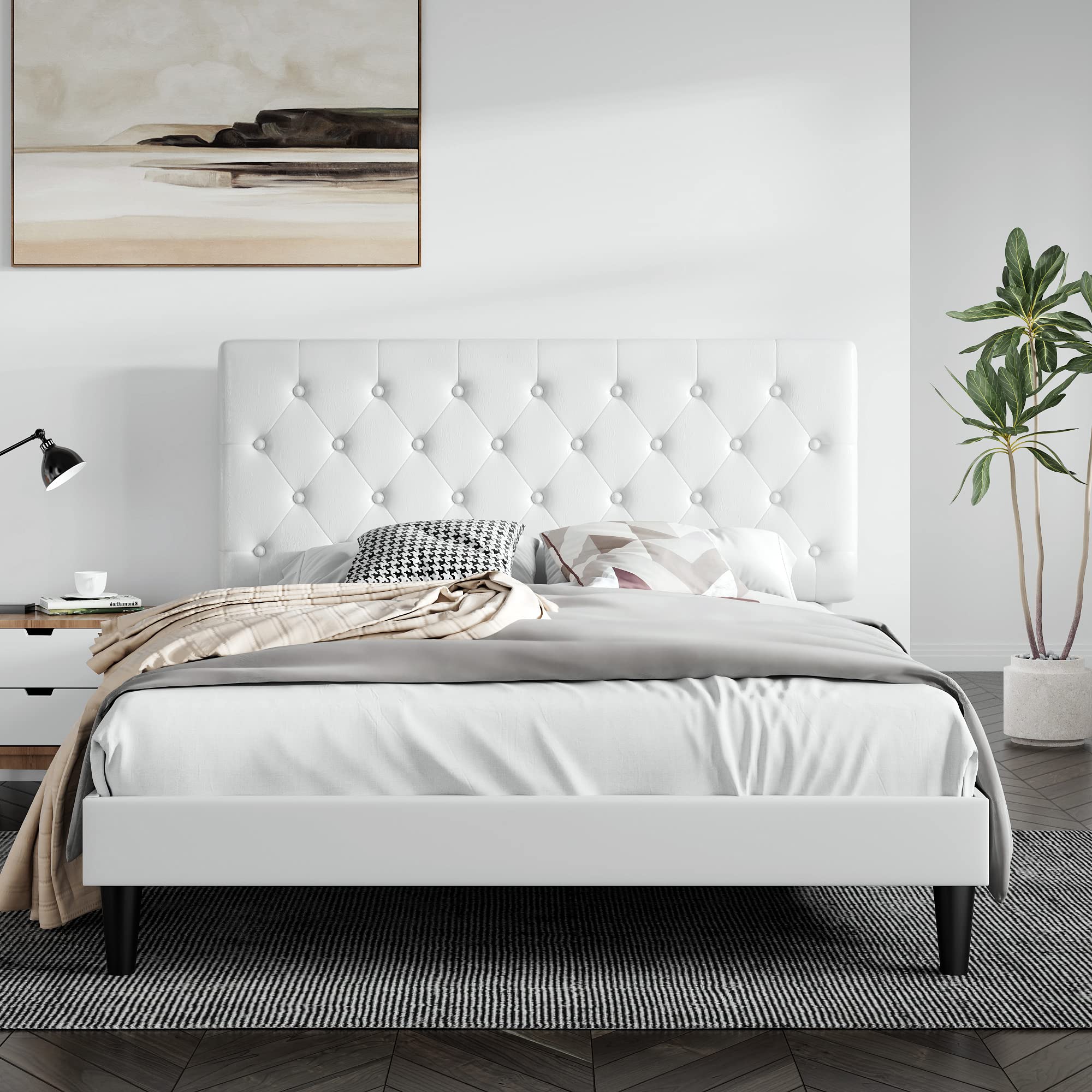 SHA CERLIN Full Size Bed Frame with Button Tufted Headboard, Faux Leather Upholstered Mattress Foundation, Platform Bed Frame, Wooden Slat Support, No Box Spring Needed, White Image