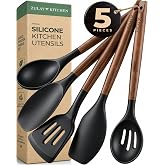 Zulay Kitchen 5 Piece Silicone Utensil Set | Non-Stick Silicone Cooking Utensils Set with Acacia Wood Handles - 464&deg;F Heat Resistance Kitchen Utensils Set - Black