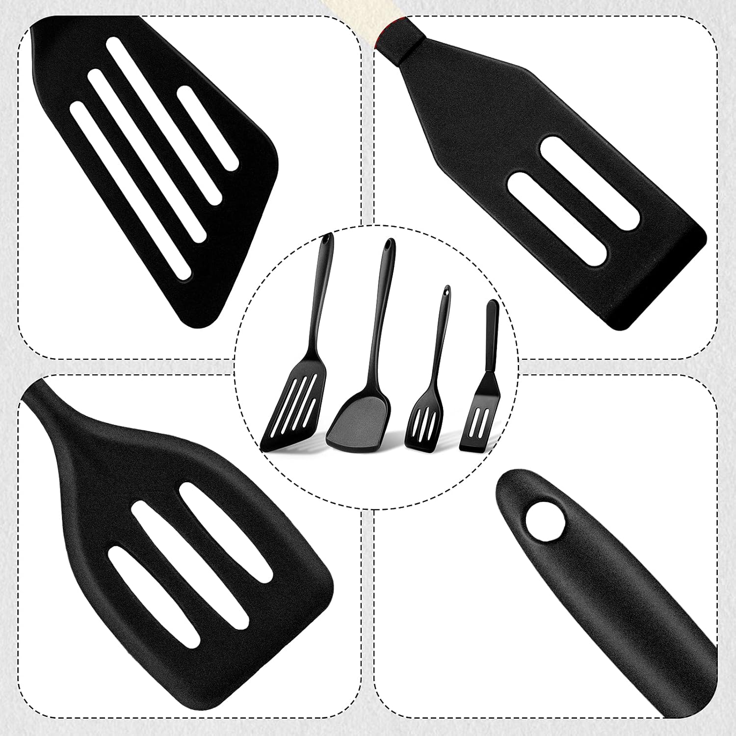Vesici 4 Pieces Silicone Spatula Set Includes Large Silicone Spatula Silicone Oblique Drain Spatula, Fish Spatula Silicone Spatula and Silicone Square Spatula for Cooking, Baking, Stir-Fry (Black): Kitchen & Dining