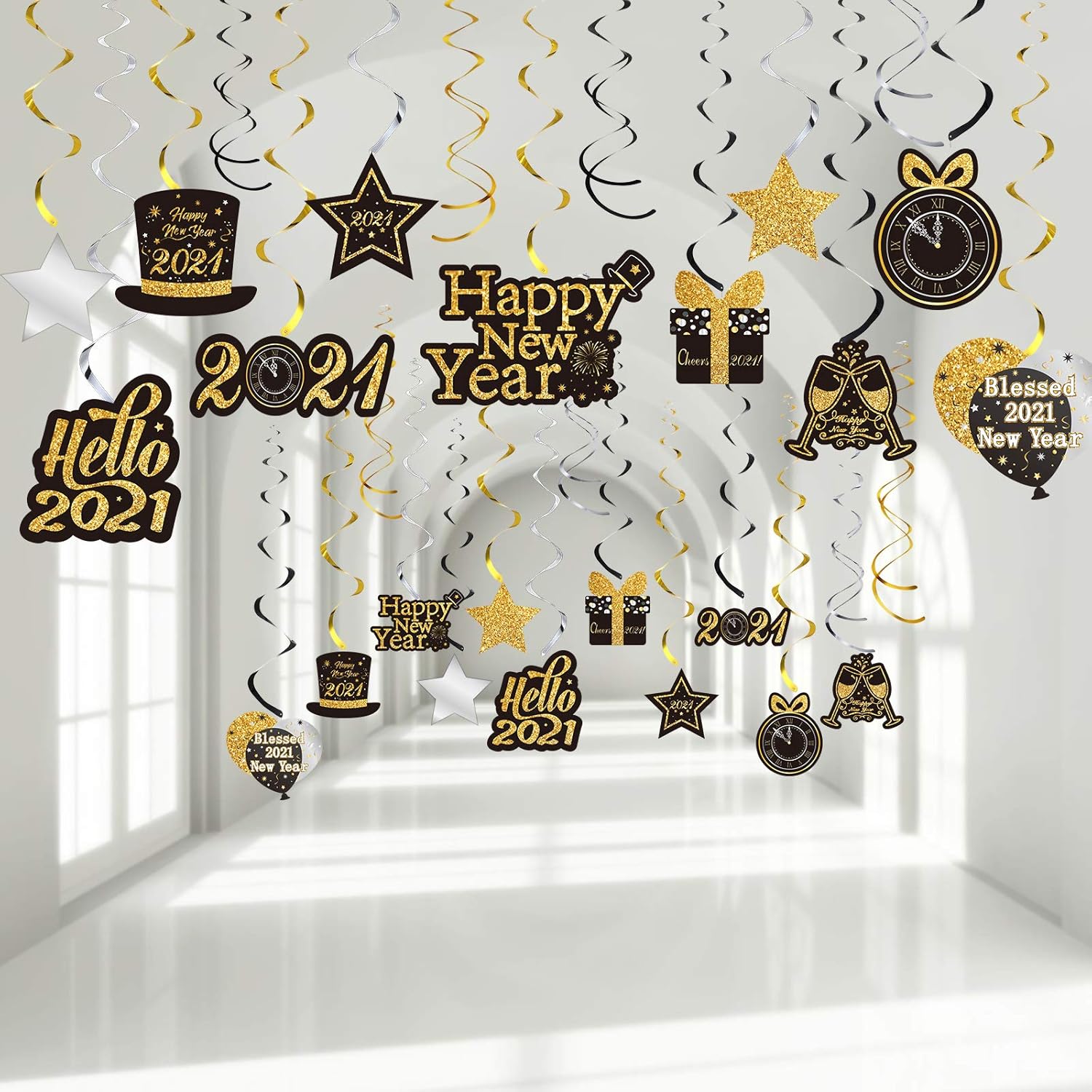 Amazon Com New Years Eve Party Hanging Swirls Decorations Glitter Black Gold Silver 2021 Happy New Year Foil Swirls Ceiling Decorations For New Years Eve Party Favors Decoration Supplies 30 Pieces Toys