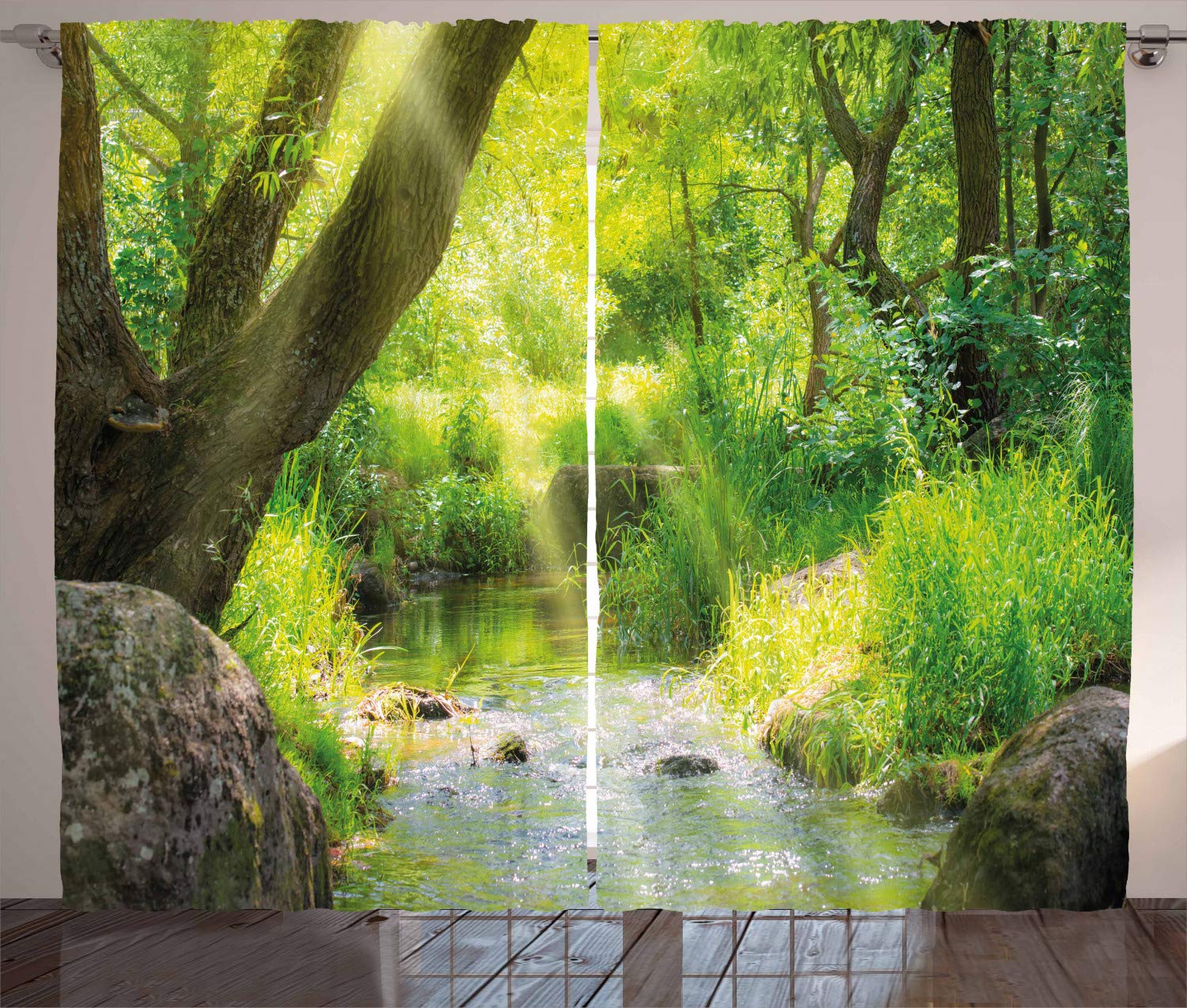 ABAKUHAUS Forest Curtains, Stream Cascade in Tropical Forest Among Trees Jungle Woodland Serene Landscape, Living Room Bedroom Window Drapes 2 Panel Set, 102 L X 110 W, Brown Lime Green