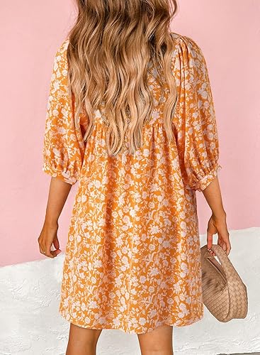 Dokotoo Summer Dresses for Women 2025 Sundresses V Neck Drawstring Half  Sleeve Boho Floral Cute Casual Loose Swing A-Line Tunic Shirts Short Dress  Sun Hawaiian Beach Vacation Clothes Orange Large in Saudi