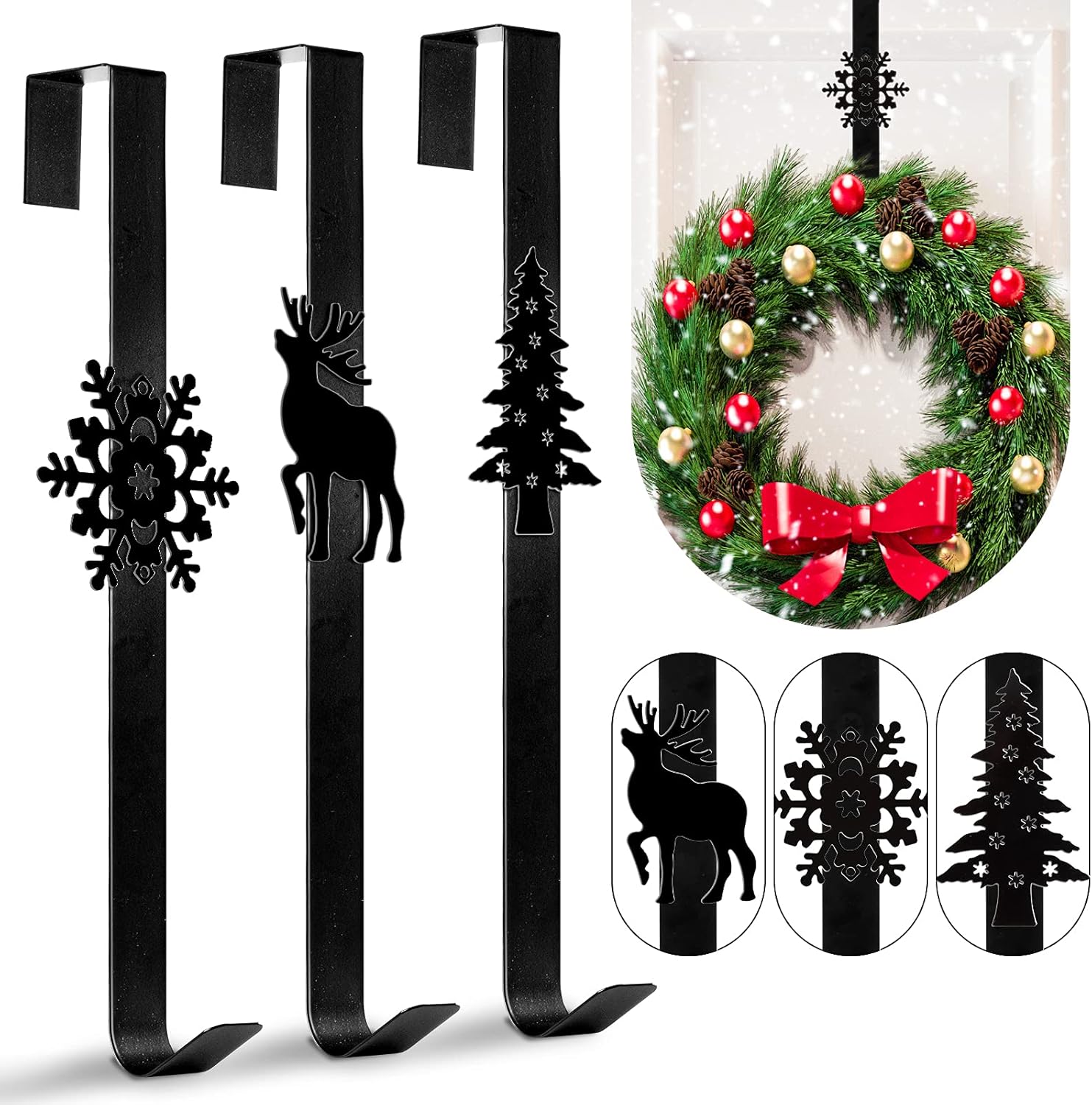 Wreath Hangers - Whaline 3Pccs Christmas Wreath Hanger Over The Door Metal Wreath Hook Christmas Tree Snowflake Reindeer Hook for Xmas Party Decor Door Wall Home Office, Black, 15in