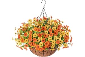 HyeFlora Artificial Fake Hanging Plants Flowers Basket for Fall Autumn Outdoor Decor, Faux Silk Orange Dasiy Flower Look Real UV Resistant for Outside Porch Home Patio Garden Decoration