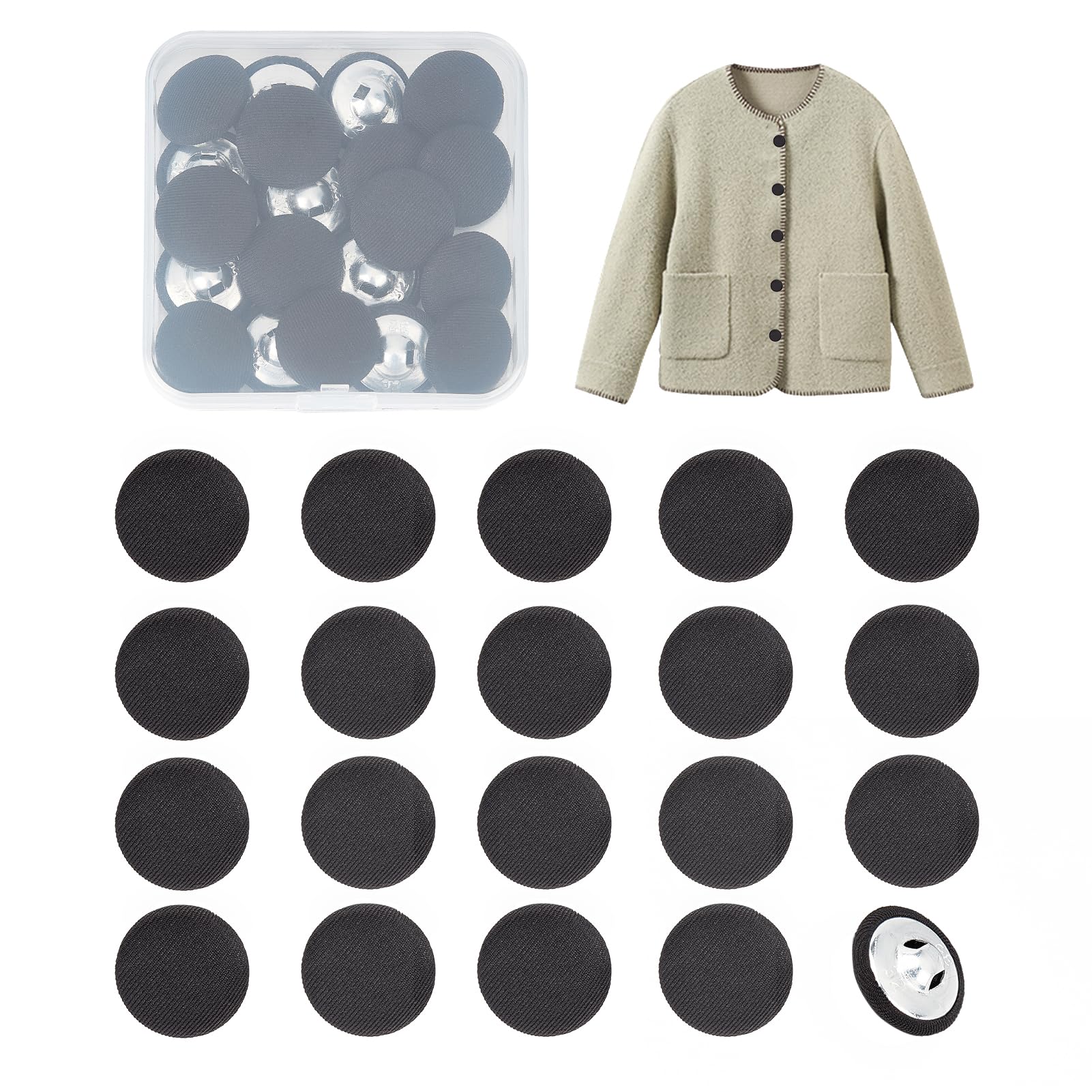 NICENEEDED 20 Pcs 20mm Fabric Cloth Covered Button, Flatback Fabric Covered Round Buttons, Metal Shank Button Tuxedo Covered Buttons Smooth Satin Buttons for Sewing DIY Crafts Making Supplies