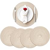 TaroKitc Round Placemats Set of 4, 15 inch, Beige, Cotton Polyester | Woven Braided Place Mats, Washable Non-Slip Heat Resistant Table Mats for Dining Table, 4 Pcs