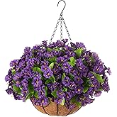 Ammyoo Artificial Hanging Flower Plants with Basket for Spring Summer Outdoor Decoration, Faux Petunias Flowers Fake Morning Glories Planter for Outside Patio Garden Porch Balcony Yard Decor(Purple)