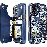 uCOLOR for iPhone 16 Wallet Case with Card Holder, PU Leather RFID Blocking iPhone 16 Case Wallet Folio Flip Case for Women Men, Magnetic Clasp Kickstand Design 6.1" (Blue Daisy)