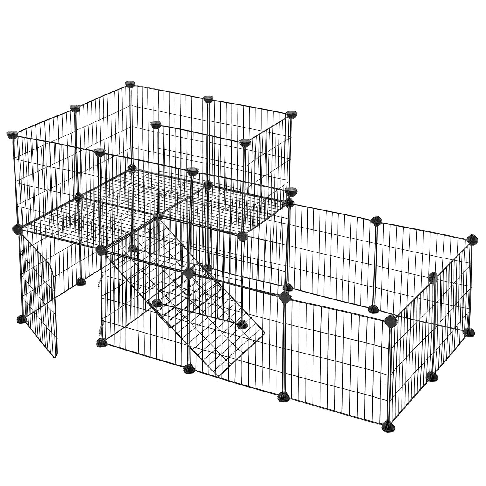SONGMICS Pet Fence, 2 Levels, Modular Pet Enclosure for Small Animals, Rabbits, Guinea Pig, Mesh Panels, Indoor Use, 143 x 73 x 71 cm, Black LPI06H
