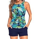 Tankini Swimsuits with Shorts - Two Piece Tummy Control Bathing Suits High Neck Swimwear with Two Side Pockets