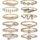 12 Pack Women's Zinc Alloy Fashion Jewelry Gold/Silvery Bangle Bracelet Bulk Set with Wheat/Olive Branch, Chain, Snake Shape, Pearl, Twisted Texture & Diamond-Embedded Square/Circular Stone Designs - For Daily Wear, Special Occasions & Women Gift for Her, Girlfriend, Wife, Mom, Sister, Lover on Birthday, Christmas, Valentine's Day, Mother's Day