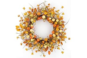 DIYFLORU 22 Inches Rustic Fall Wreath Farmhouse Autumn Wreaths for Front Door White Orange Pumpkin Wreath with Wildflowers for Harvest Celebrate Window Wall Porch Door Hanging Decoration