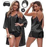 EPLAZA 3 Pcs Silk Pajamas for Women Satin Pajama Set Sexy Lace V-neck Cami Top Shorts Pjs Set with Robe Sleepwear