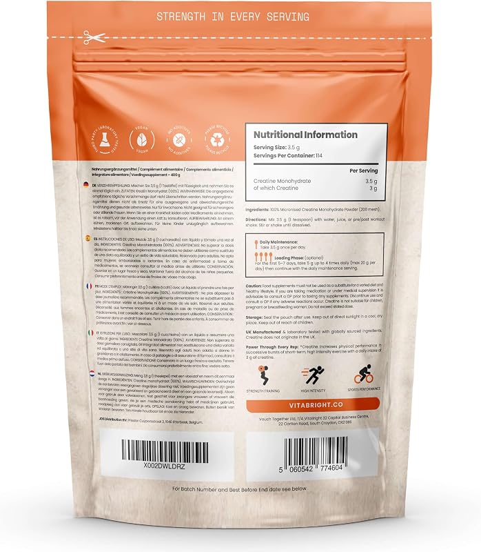 Creatina Monoidrata in Polvere Micronizzata | Busta da 400g | 114 Porzioni | Creatina Monohidrato Polvere Ultra Fine 200 Mesh a Rapido Scioglimento (Non Capsule) | Vitabright Creatine Monohydrate