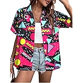 80s Outfits Women 80s 90s Neon Shirt Retro Theme Party Disco Shirt Hawaiian Button Down Short Sleeve Tops