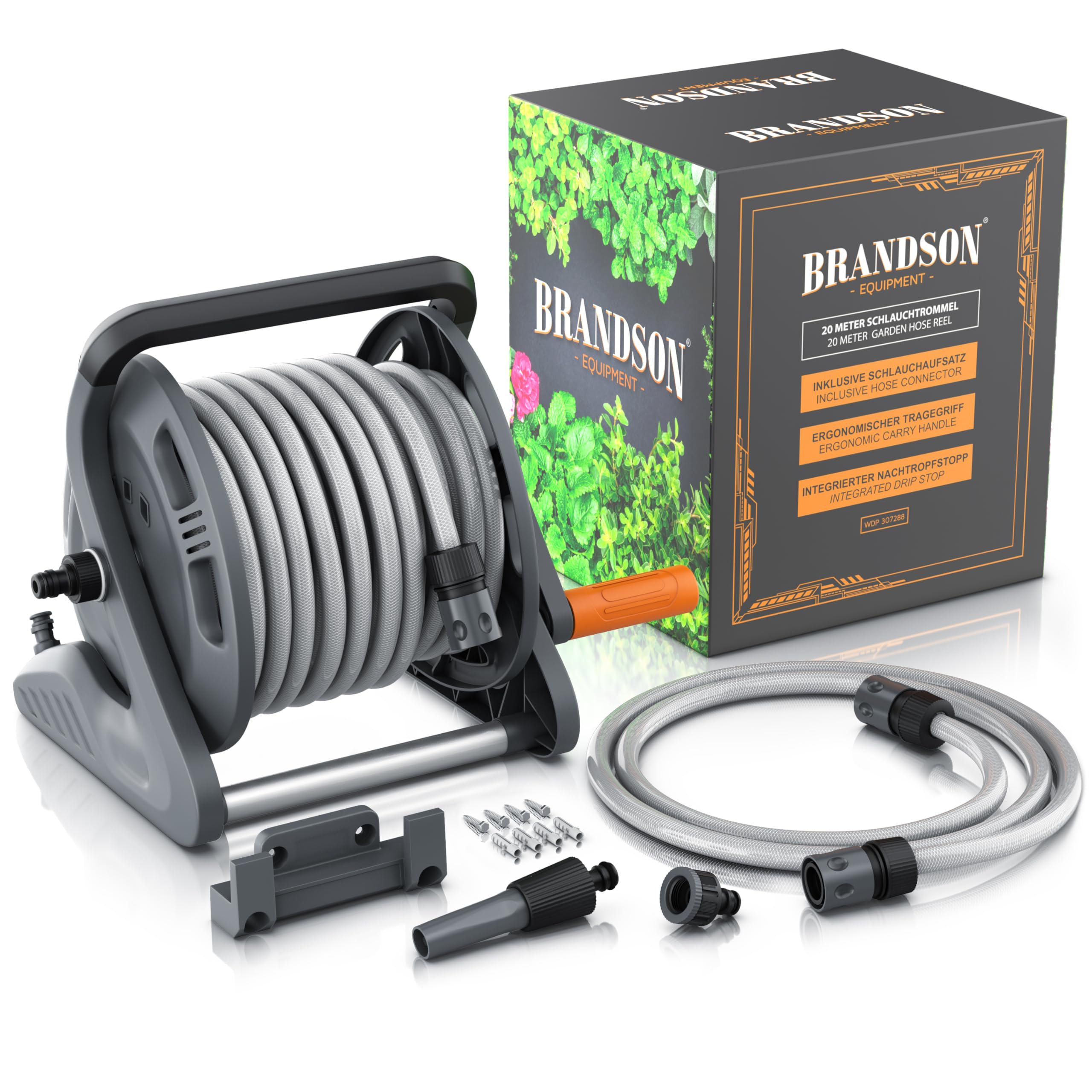 Brandson - Schlauchtrommel 20m Schlauch – Gartenschlauch Trommel Set 1/2 Zoll inkl. Anschluss 3/4 Zoll - 2 m Zuleitung – Schlauchbox mit Wandhalterung - Drehkurbel- Reinigungsspritze 7