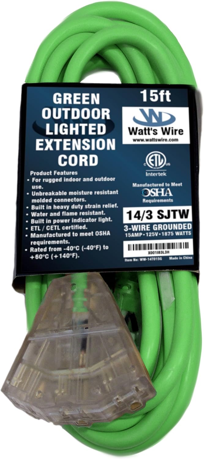 50-ft 14/3 Heavy Duty 3-Outlet Lighted SJTW Indoor/Outdoor Extension Cord by Watt's Wire - Yellow 50' 14-Gauge Grounded 15-Amp Three-Prong Power-Cord (50 foot 14-Awg) - - 