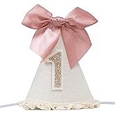 GORNZX First Birthday Party Hat, Shiny Number 1, Cream Cone Shape, Pink Bow, Lace Trim, Suitable for Girls' Princess Bow Hat, Birthday Decorations