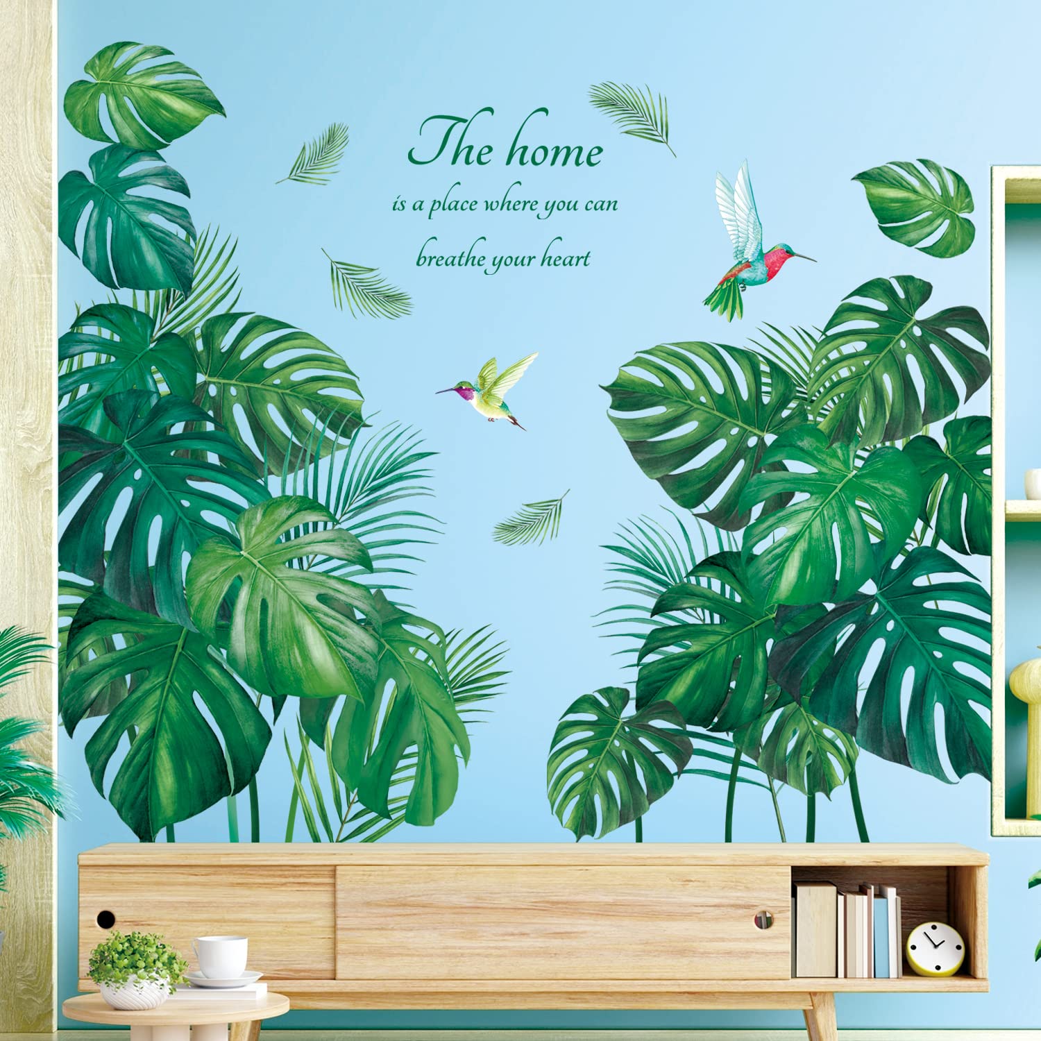 DECOWALL SG2-2210 Large Tropical Plants Wall Stickers Green Monstera Leaves Birds Decals Removable for Living Room Bedroom Office Home Décor DIY