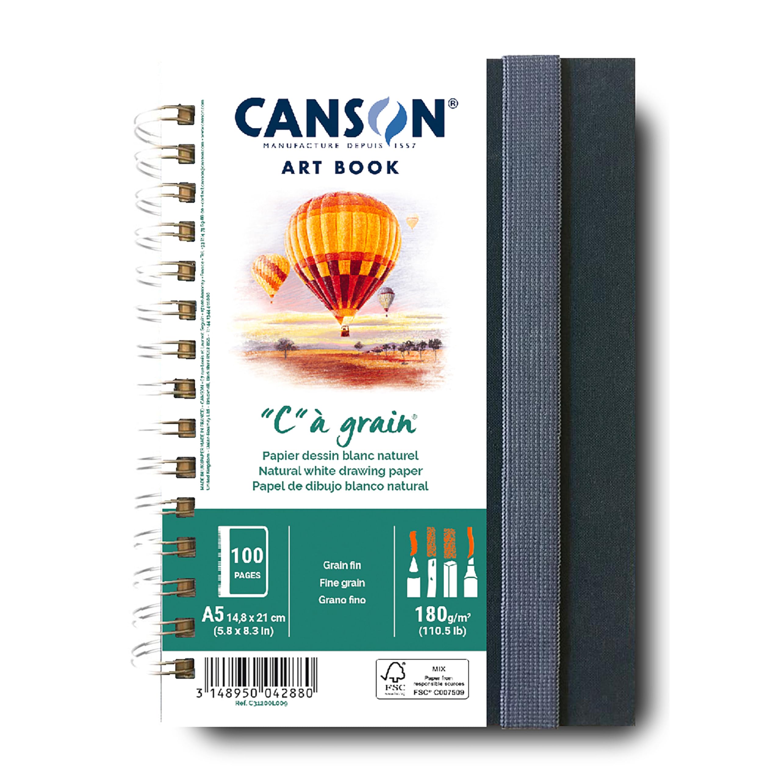 CANSON Professional Art Book, Fine Grain Drawing C à Grain Paper, 180gsm, A5 Spiral Portrait Notebook, 50 White Sheets, For Professional Artists & Students