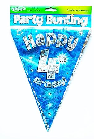 Happy 4th Birthday Flag Bunting Age Boys Blue Pennant Banner Party