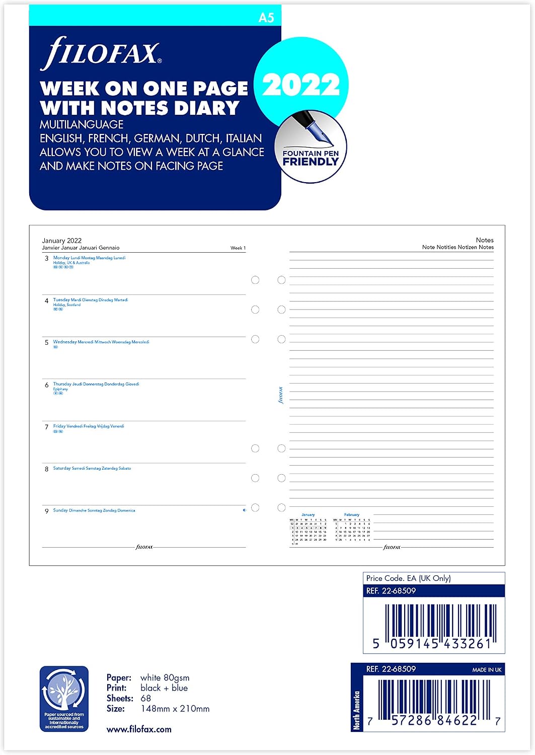 Filofax A5 week on one page with notes 2022 diary refill
