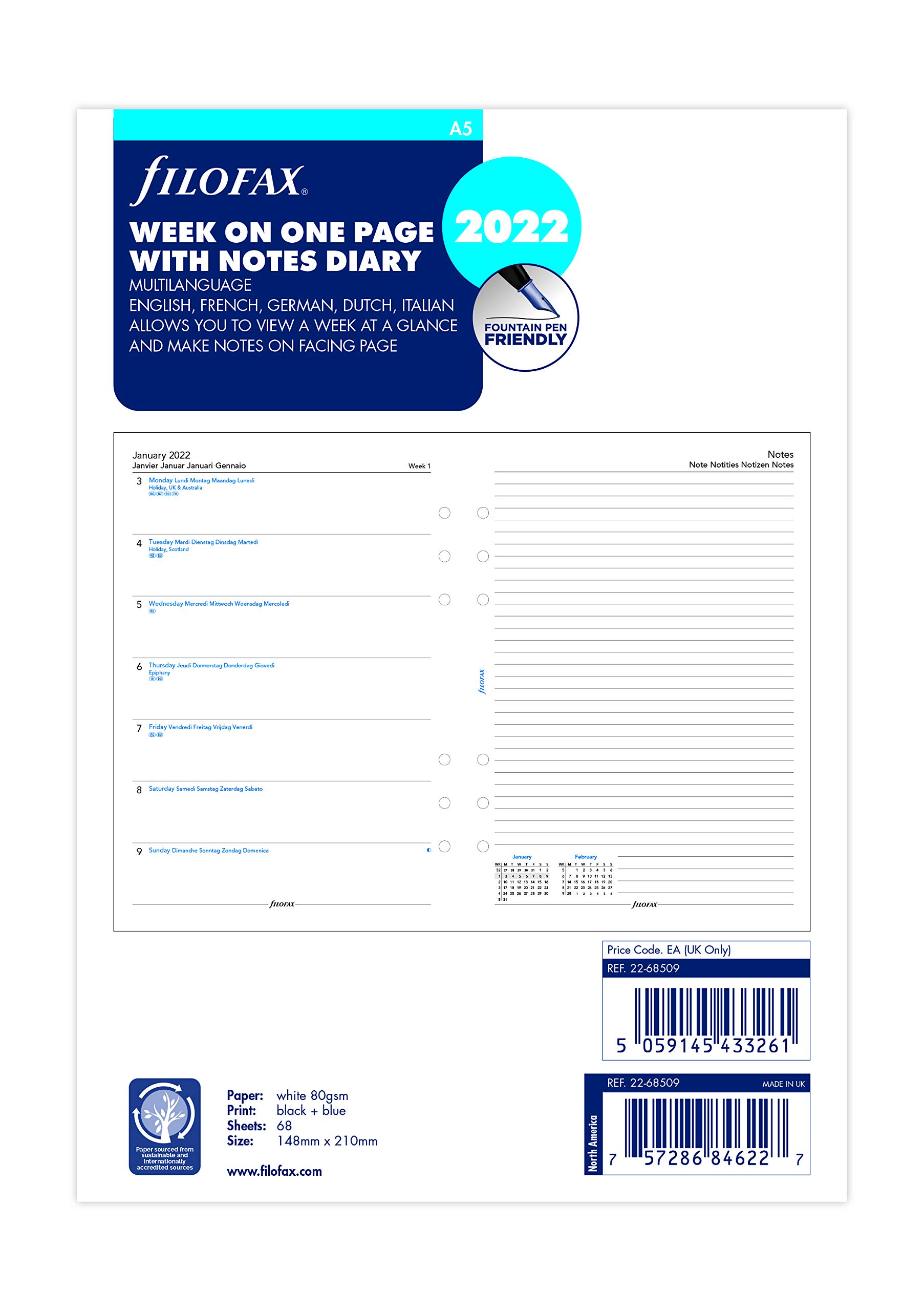 Filofax A5 week on one page with notes 2022 diary refill