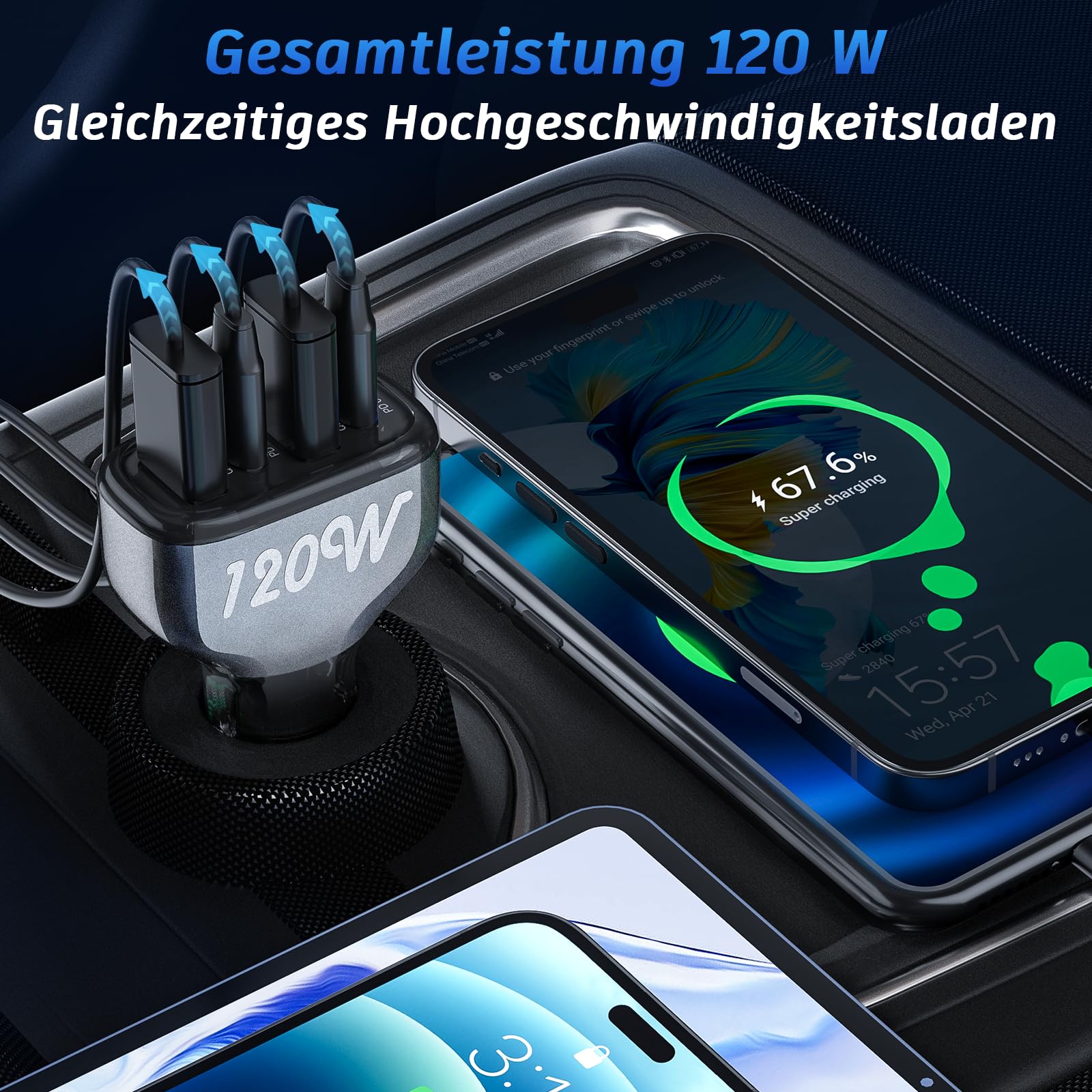 SONRU 120W Auto Ladegeräte USB C, KFZ Zigarettenanzünder USB C Kfz Ladegerät 12V / 24 V USB Auto Car Charger 2 PD 60W Max+2 QC 30W, Schnellladung Zigarettenanzünder Adapter 3