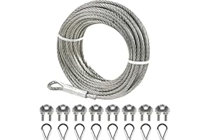 UYENSEOY 1/4" Stainless Steel Cable 50FT Wire Rope with Clamps and Thimble, 7X19 Strands Aircraft Cable for Zipline, Outdoor, Deck Railing, Heavy Duty Applications, Hanging, 6400lbs Breaking Strength