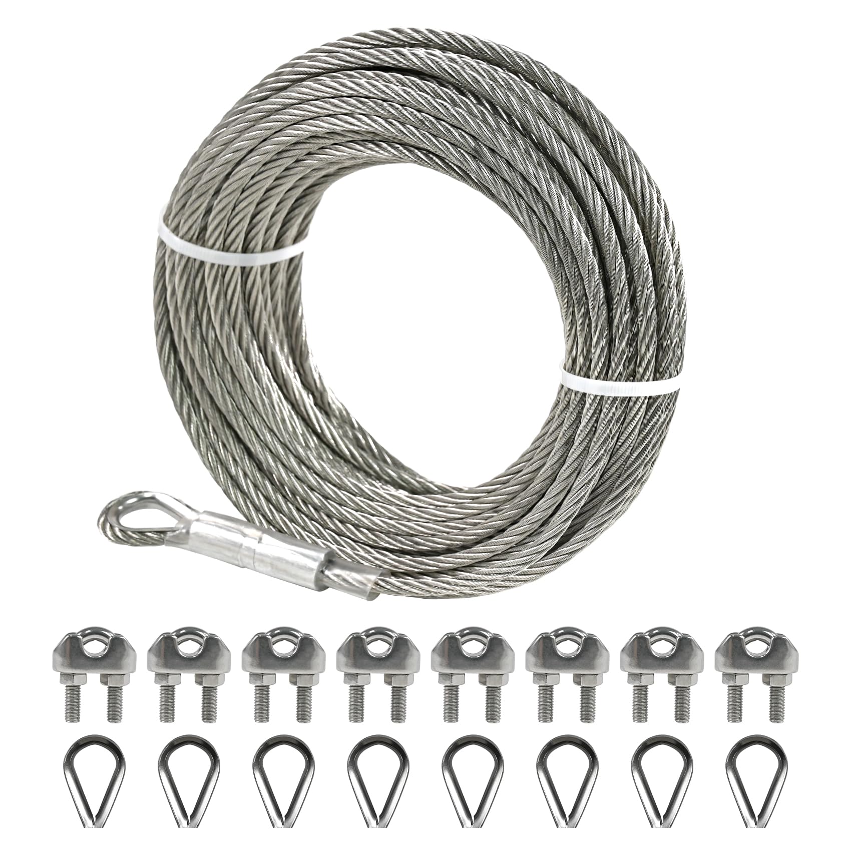 Photo 1 of 1/4" Stainless Steel Cable, 25FT Wire Rope with Clamps and Thimble, 7X19 Strands Aircraft Cable for Zipline, Outdoor, Deck Railing, Heavy Duty Applications, Hanging, 6400lbs Breaking Strength
