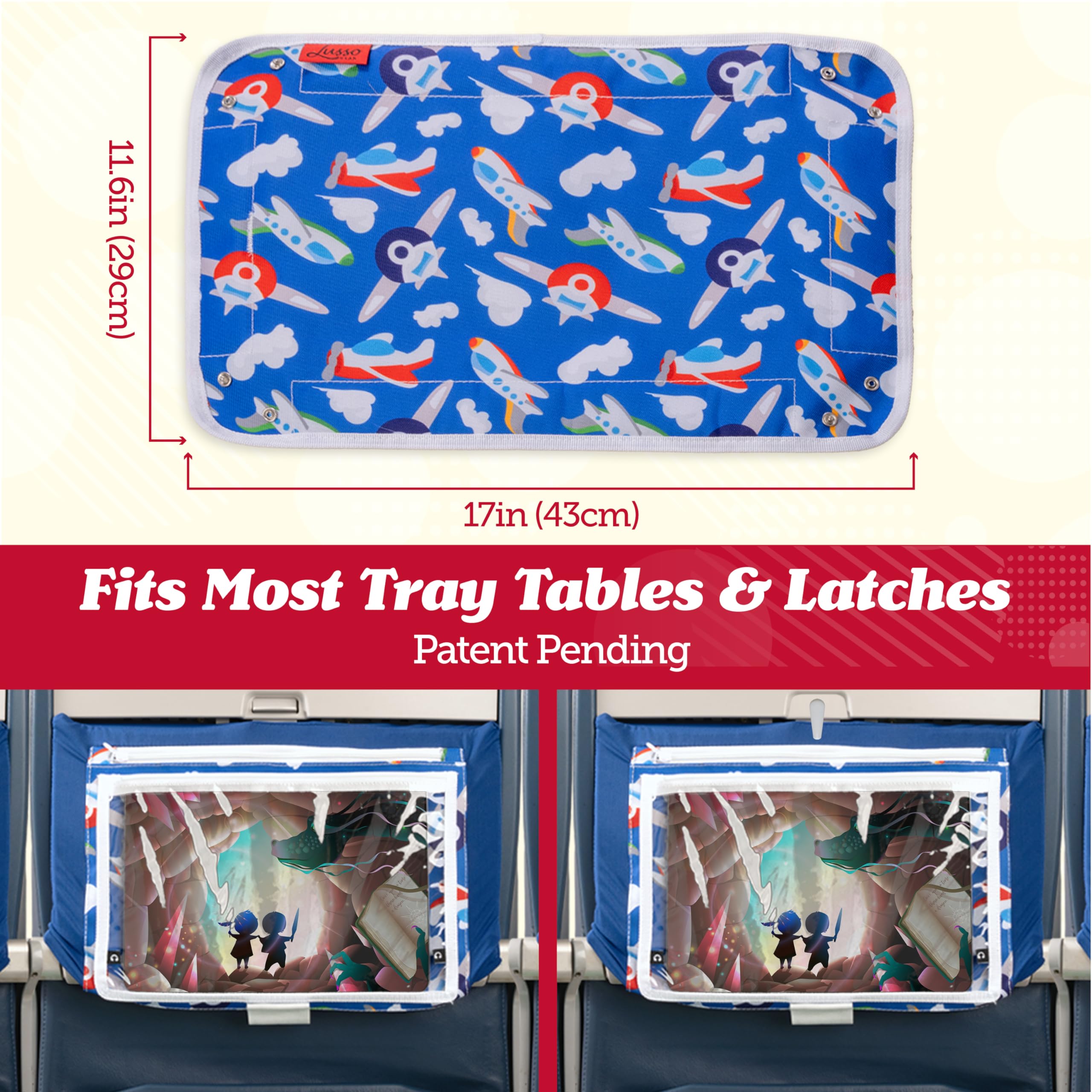 Lusso Gear Airplane Tray Table Cover - Organize Kids Travel Essentials - Snack & Toy Pockets for Airplane Toys for Toddlers 1-3 - Foldable Tablet Stand for Travel Toddler Essentials - Plane Pattern