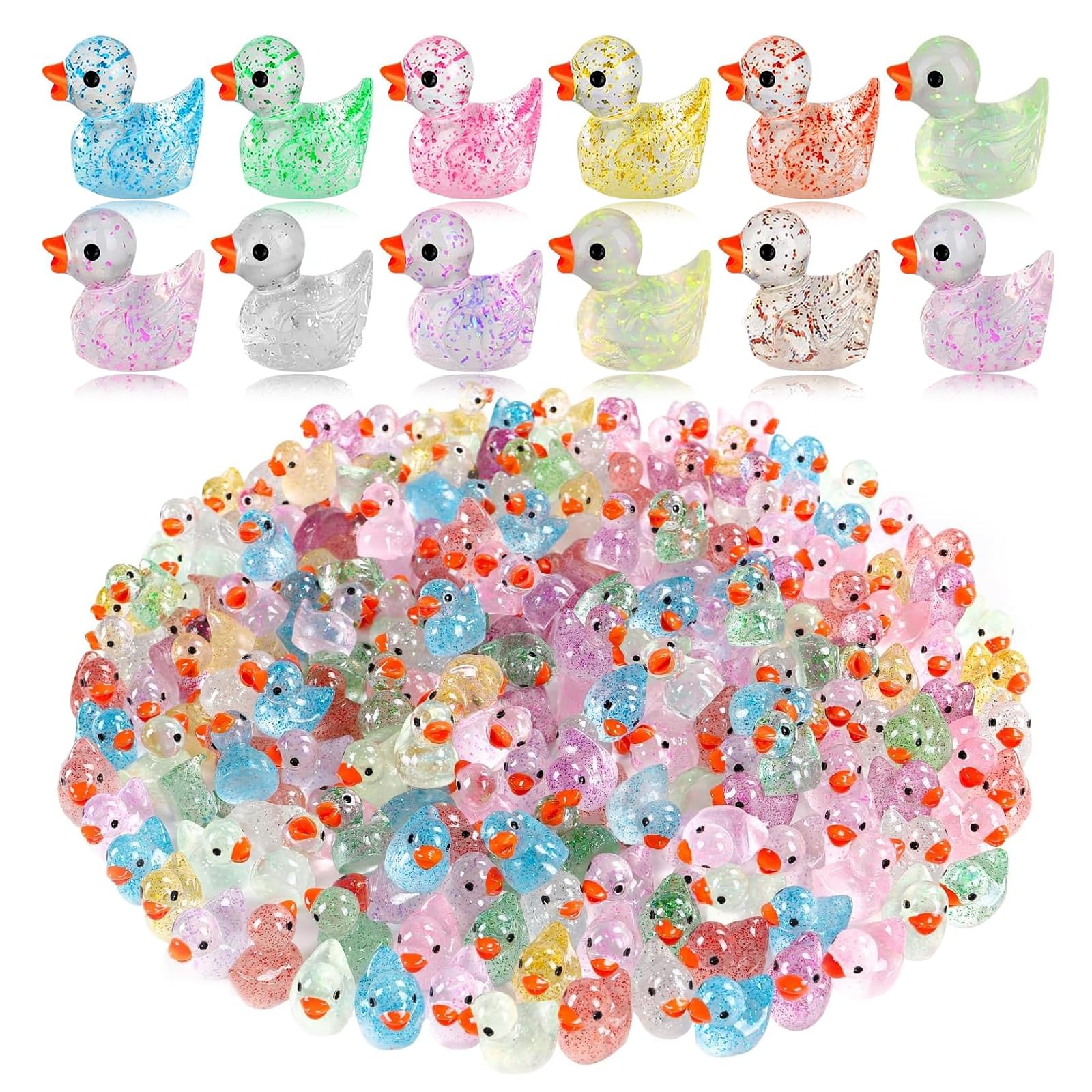 ZPSCXQ 70Pcs Tiny Ducks, Mini Resin Ducks, Little Resin Animal - Assorted Glitter Decorative Collectible Toys for Party Favors, Cake Toppers, DIY Crafts (1.6x1.1x1.6cm)