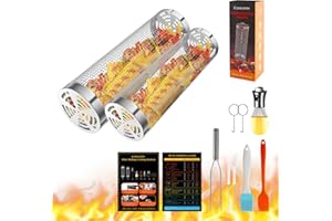 CONCONS Grill Basket 2 PCS, Rolling Grill Baskets for Outdoor Grill, Grilling Accessories, Stainless Steel BBQ Net Tube Baskets with Oil Sprayer for Veggies, Shrimp, Grilling Gifts for Men