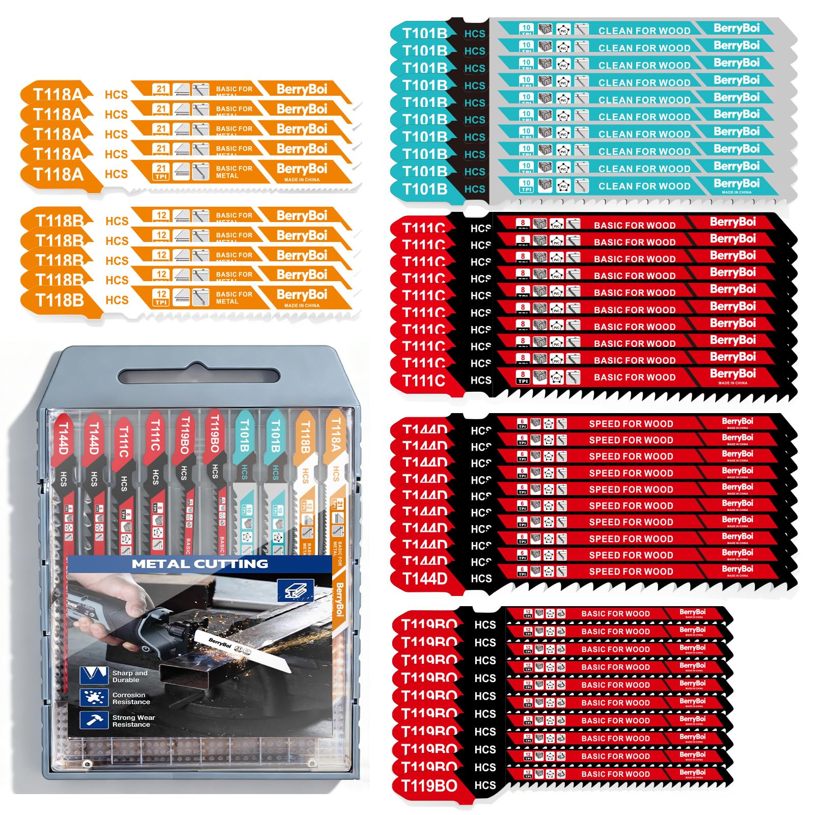 Photo 1 of 50-PCS T-Shank Jigsaw Blades Set for Wood & Metal,Assorted Jigsaw Blades with Plastic Case,Compatible with Bosch, DEWALT,Makita Saws(T118A/T118B/T101B/T119BO/T111C/T144D)