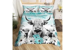 Erosebridal Highland Cow Print Duvet Cover Full,Teal Western Farmhouse Bedding Set Rustic Home Decor,Longhorn Cattle Farm Animal Comforter Cover Daisy Floral Bed Sets Cowboys Gifts for Boys Girls Kids