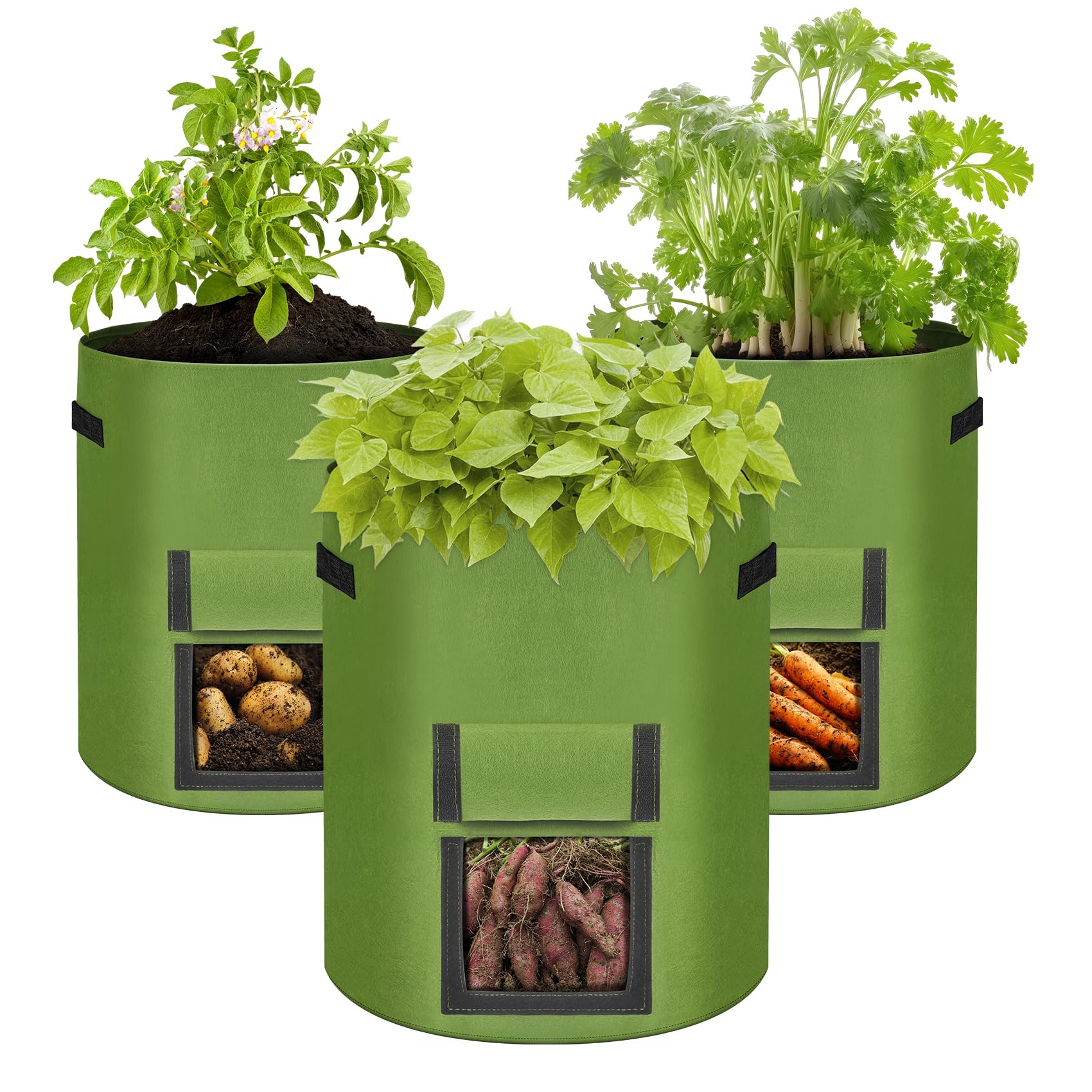 keilend Potato Grow Bags 10 Gallon, 3 Pack Non-woven Fabric Tomato Grow Bag with Solid Handles, Breathable Potato Planter for Vegetables, Flowers and Fruits - Green