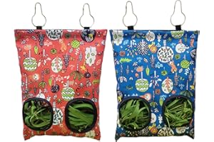 RMNHPTK Rabbit Hay Feeder Bag, Guinea Pig Hay Feeder for Cage Small Animal Hanging Feeding Bags Rabbit Hay Dispenser Storage for Rabbits Guinea Pigs Bunnies Chinchillas (Red,Dark Blue, 2 Hole)