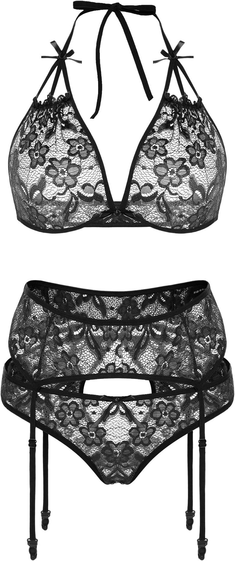 Chomoleza Women Lingerie Set with Garter Belt Lace Bra and Panty Set Teddy Babydoll Bodysuit