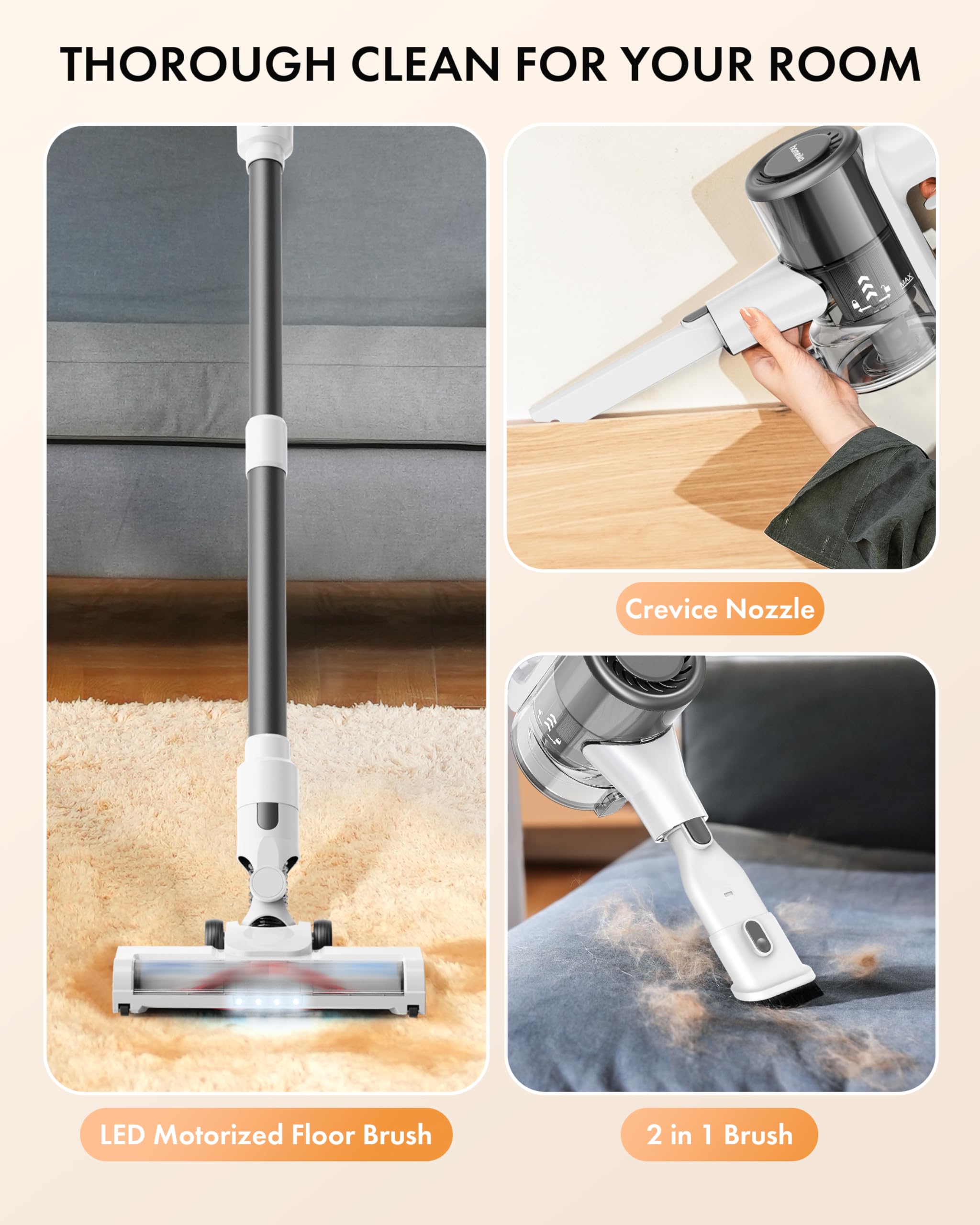 Cordless Vacuum Cleaner, 28Kpa Powerful Suction, 380W Strong Brushless Motor with 8 in 1 Lightweight Stick Vacuum Cleaner with 50 Min Runtime Detachable Battery for Pet Hair & Carpet, White