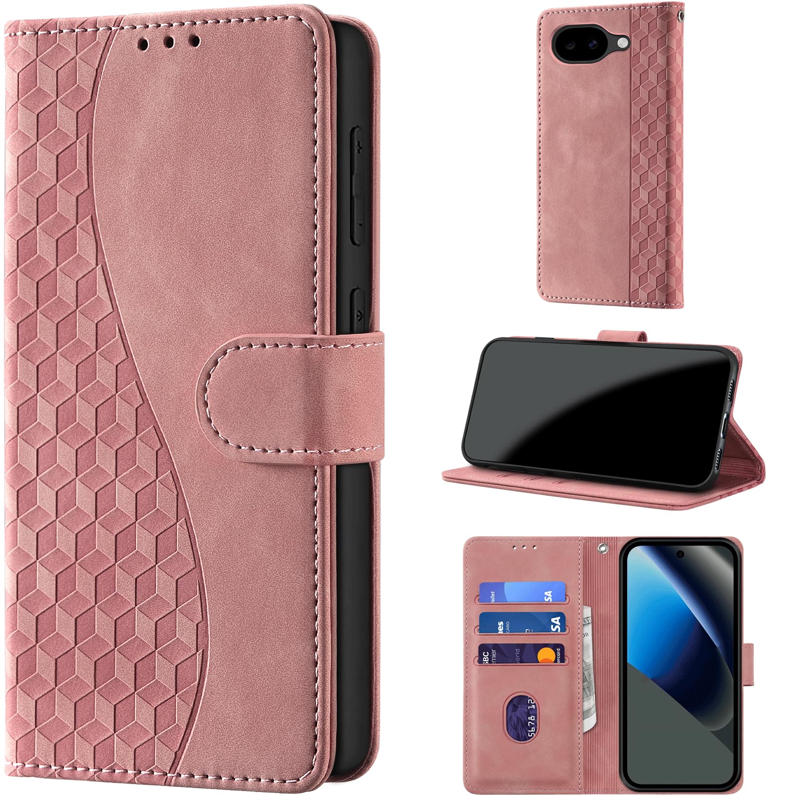 Handyhülle für Google Pixel 10a Leder Wallet Tasche Rosa 3