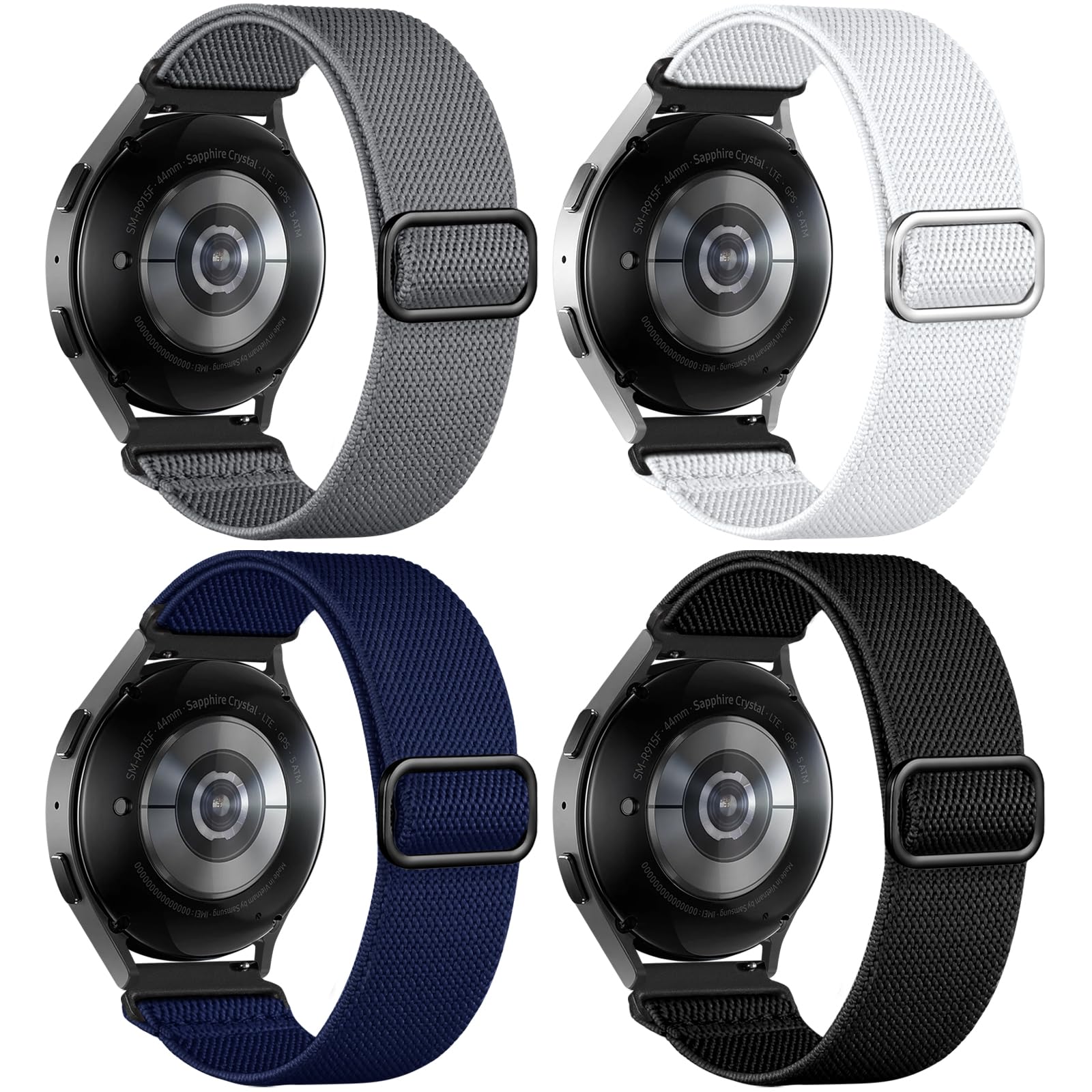 DaQin Stretchy Nylon Solo Loop Bands Compatible with Samsung Galaxy Watch 6 5 4 Band, Galaxy Watch 5 Pro/Watch 6 4 Classic Band/Active 2,4 Pack 20mm Soft Adjustable Sport Band for Samsung Watch Bands
