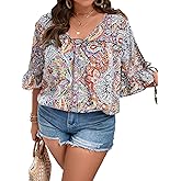 WDIRARA Women's Plus Size Boho Paisley Print Scoop Neck Half Sleeve Blouse Ruffle Trim Shirt