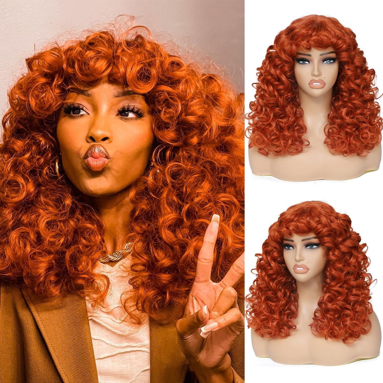 Photo 1 of GKtineke Curly Wig with Bangs, 20 Inch, Ginger, Synthetic Hair, Heat Resistant, Modern Style, Female, 22.5 Inch Cap Size, Curly Wig with Bangs for White & Black Women, Cosplay & Daily Use