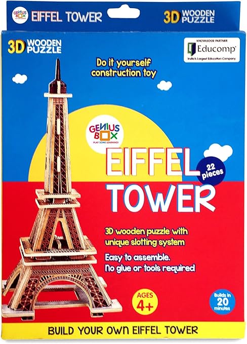 Genius Box - Play Some Learning Eiffel Tower 3D Wooden Cube Puzzle Educational Activity Kit | Educational Toy | DIY | Engaging | STEM | Do it Yourself