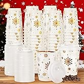 FULJOOY 60 Pcs Christmas Coffee Cups with Lids 12oz Gold Foil Snowflake Paper Cups Insulated Cups for Xmas Hot Cocoa Beverage Winter Party Supplies Hot Chocolate Coffee Water Tea Xmas Holiday Supplie