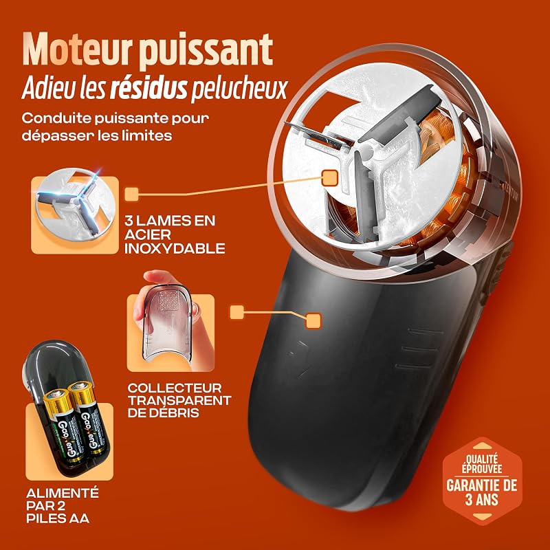Rasoir Anti Bouloche Anti Peluche Électrique - Lames en Acier Inoxydable. Conteneur à Peluches Amovible. Piles incluses et Brosse de Nettoyage